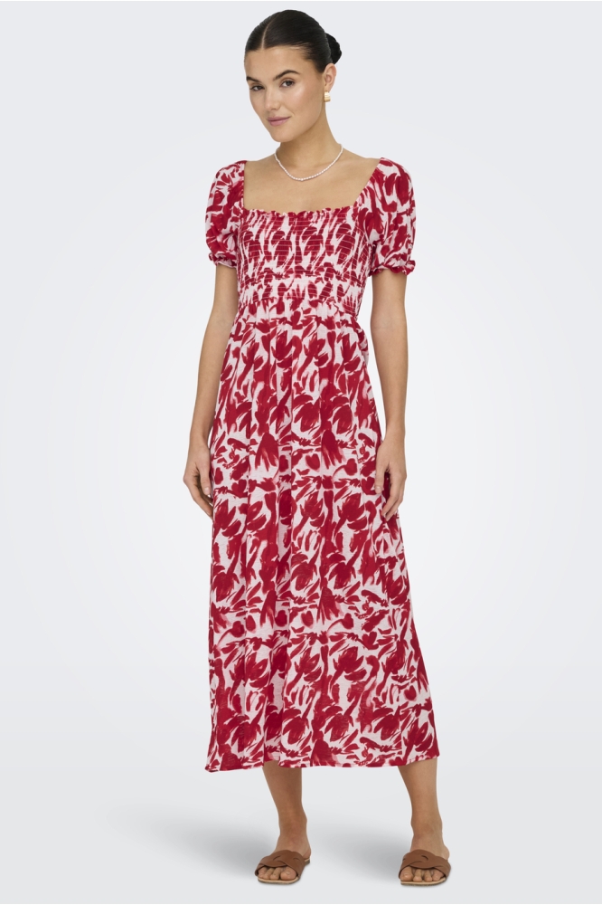 JDYZOEY S/S SMOCK DRESS JRS DIA 15351511 CLOUD DANCER/ MARS RED